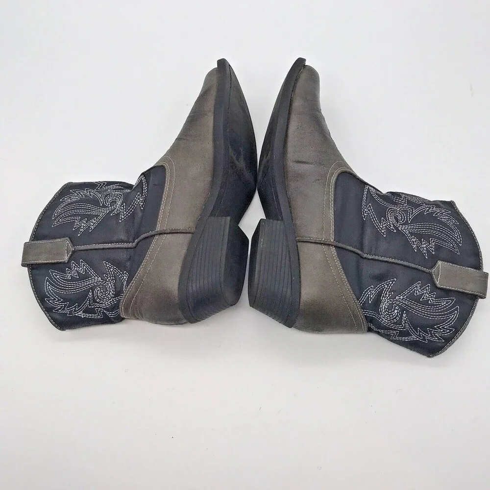 London Rebel Black Gray Embroidered Faux Leather Western Ankle Boots Women's 6M